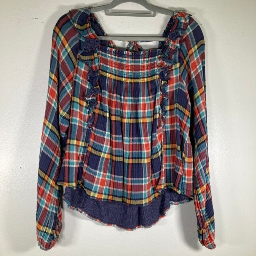 We The Free People L Plaid Smocked Ruffle Blouse Multicolor Square Neck